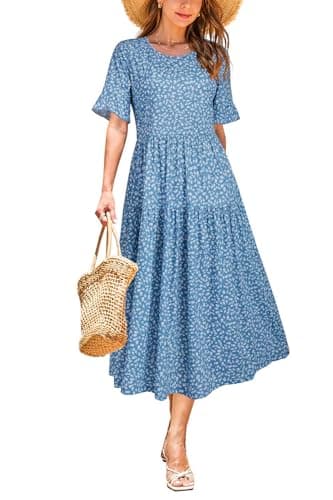 STYLEWORD Women's Summer 2025 Casual Short Sleeve Tiered Flowy Spring Dress Long Midi Beach Sundress Vacation Outfits(Floral22,S) - Image 1
