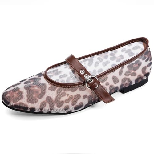 Leopard Flats for Women Mesh Ballet Flats Mary Jane Animal Print Shoes Slip On Casual Breathable Ballerina Flats - Thumbnail 4