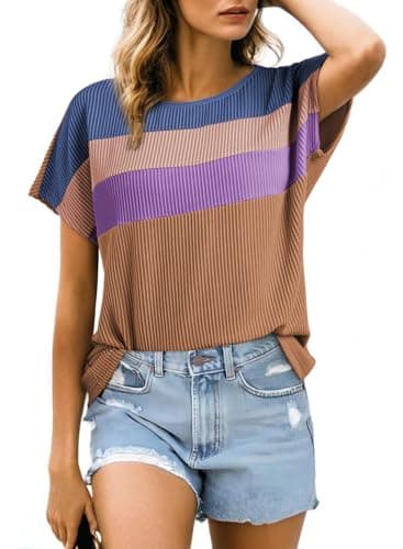 Dokotoo Cute Summer Tops for Women Crew Neck Shirts Fashion 2026 Short Sleeve Shirts Casual Ribbed Knit Blouses Basic Tee Lightweight Pullover Colorblock Top Dark Brown XX-Large - Image 1