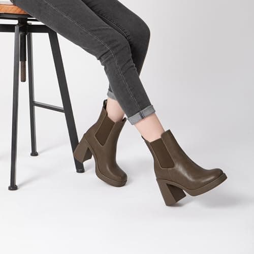 Athlefit Women's Chelsea Platform Boots High Chunky Heel Brown Ankle Boots Square Toe Slip On Elastic Heeled Booties Size 7.5 - Thumbnail 2