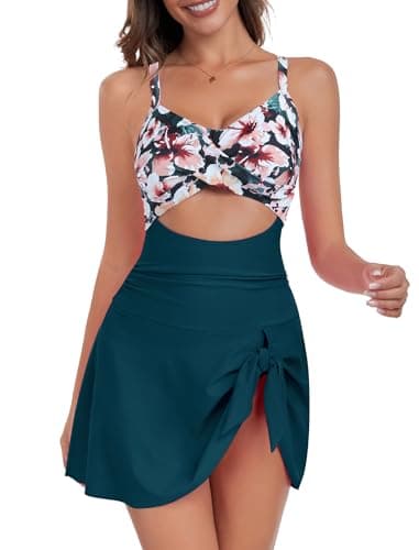 ZAFUL Women One Piece Swimsuit Maternity Tummy Control Plus Size Bathing Suit Over 50 Swim Dress Modest Swimwear Push Up Cut Out Swimdresses 2025 Trendy Cute Tie Knot Monokini Skirt Lake Green XXL - Image 1