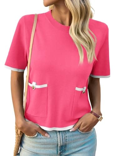 Saodimallsu Womens Short Sleeve Sweater Color Block Crew Neck Summer Crop Tops Loose Casual Knit Shirts with Pockets Rose Red - Image 1