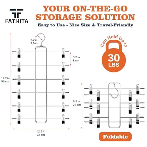 FATHITA 6-Tier Space Saving Pants Hangers with Clips, Multi-Functional Skirt & Jean Organizer for Small Closets, Dorm Room Essentials, 2 Pack Metal Clothes Storage - Thumbnail 6