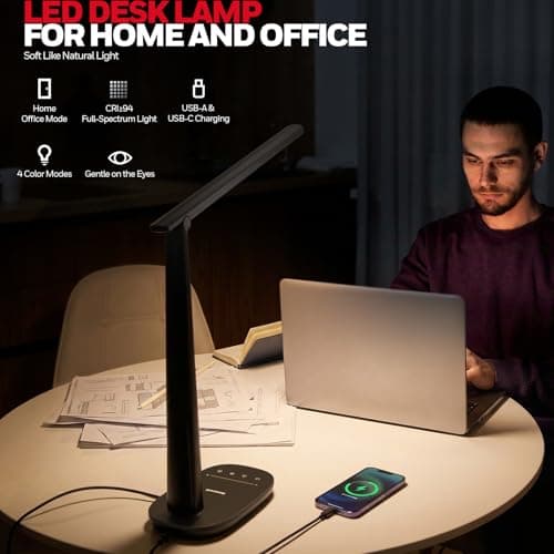 Honeywell LED Desk Lamp for Home Office, Eye-Caring Light with 4 Color Modes & Touch Control, USB A+C Charging Ports, Adjustable Rotating Head with Timer for Reading, Bedroom & Small Desks - Thumbnail 2