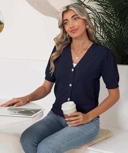 COSSEN Cardigan for Women Trendy Dressy Navy Blue Medium V Neck Bolero Crop Coat Crochet Button Down Short Sleeve Short Tops Open Front Lightweight Jacket Summer Knit Cropped Shrug for Dress - Thumbnail 3