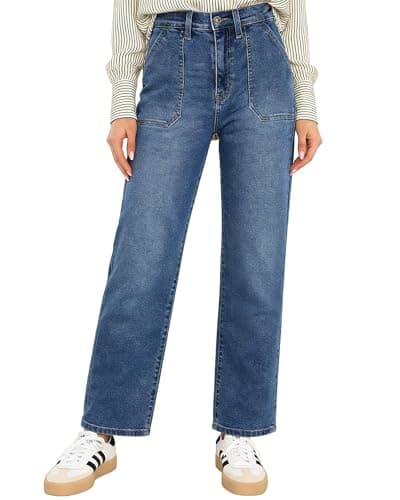 Flvsun Women 's High Waisted Straight Leg Jeans for Trendy Stretchy Bootcut Jeans Ankle Length Patch Pocket Denim Pants Mid Blue M - Image 1