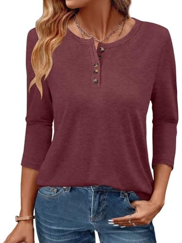 GKBK 3/4 Sleeve Womens Tops Fall Clothes Henley Casual Spring Summer Lightweight Basic Tunic Shirts Wine Red - Image 1