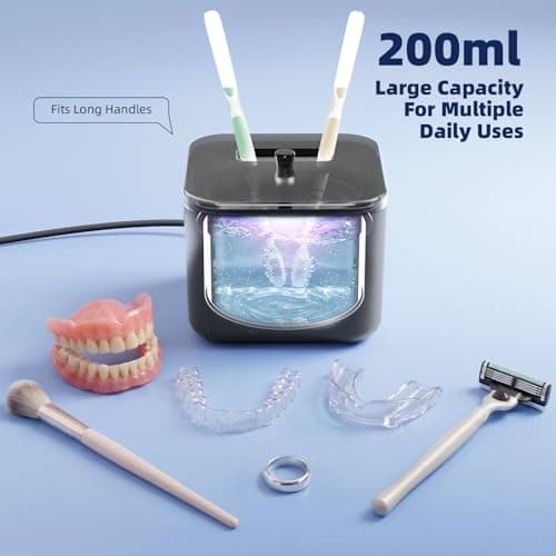 Ultrasonic Retainer Cleaner Machine, Denture Cleaner for Aligners Night Guards Braces Mouth Guards Toothbrush Heads，All-in-One Dental & Jewelry Cleaner, 45kHz 200ML, Dual Modes - Thumbnail 3
