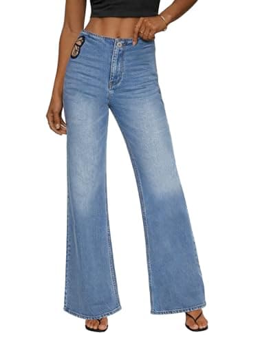 CANANA Flare Jeans for Women High Waisted Stretchy Butterfly Cutout Bell Bottom Jeans Y2K Wide Leg Denim Pants Mid Blue 14W - Image 1