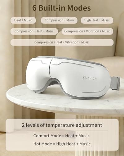 CUZRICH Eye Massager with Heat and Compression - Classic White Heated Eye Mask with Vibration, Bluetooth Music, 6 Modes, Rechargeable 1200mAh Battery for Eye Strain, Dry Eyes, Migraines Relief - Thumbnail 4