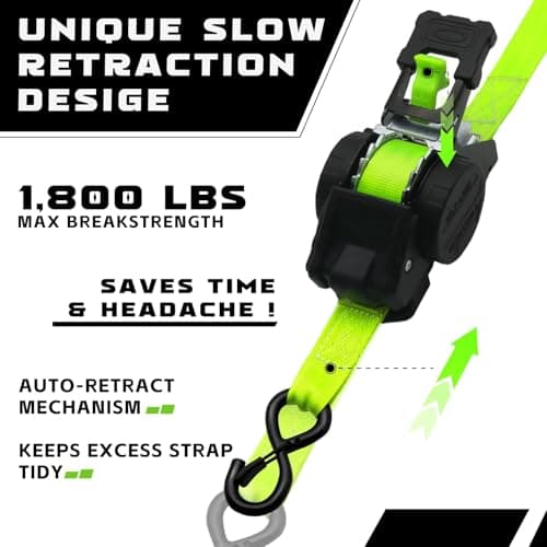 Retractable Ratchet Straps (2-Pack) - Heavy Duty Auto Slow Retraction Tie Down Straps - 1 Inch x 13 Feet (1,800lb Break Strength) for Truck, Cargo Trailer, Motorcycle, ATV, UTV - Green - Thumbnail 3