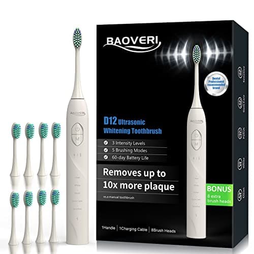 BAOVERI Electric Toothbrush for Adults&Kids, 42000 VPM Rechargeable Sonic Toothbrushe with 8 Brush Heads, 5 Modes & 3 Intensity Levels, IPX7 Waterproof, 2-Min Smart Timer, 4 H Fast Charge for 60 Days