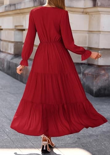 Lazysmile Long Sleeve Dress for Women Wine Red - Thumbnail 2