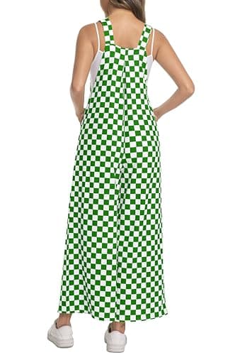 IWOLLENCE Women's Casual Loose Checkered Overalls Summer Wide Straight Leg Jumpers and Rompers Y2K Plaid Sleeveless Jumpsuits with Pockets Beach Vacation Outfits Green White, L - Thumbnail 4