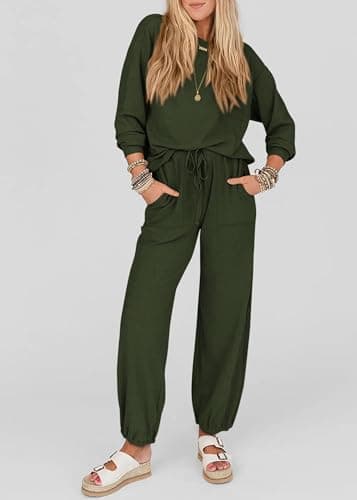 KIRUNDO Lounge Sets for Women 2026 Fall Airport Travel Outfits Ribbed Knit Tops Jogger Pants Tracksuit Postpartum Comfy Set(Army Green, Large) - Thumbnail 6