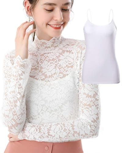 2 Set Bodysuit White Lace Long Sleeve Top Semi Sheer Floral Top Whith Camisole White XL - Image 1