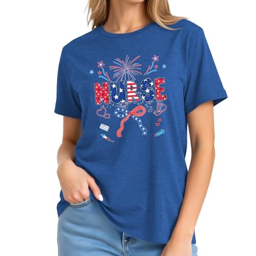 Vrytw Patriotic Nurse Shirt Women-Cute American Fireworks Bows Short Sleeve 4th of July Nurse Shirts B-Blue - Thumbnail 3
