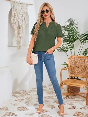 Funlingo Womens Summer Boho Tops Short Sleeve V Neck Blouses for Women Dressy Casual Puff Sleeve Cute Flowy Lace Swiss Dot Bohemian Shirts Green 2XL - Thumbnail 6