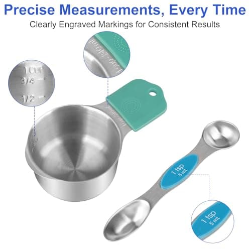 Magnetic Measuring Cups & Spoons Set, Strong N45 Magnets, Heavy Duty 304 Stainless Steel Fits in Spice Jars for Baking & Cooking, BPA Free, Round Set of 15 with Leveler, Light Colorful - Thumbnail 3