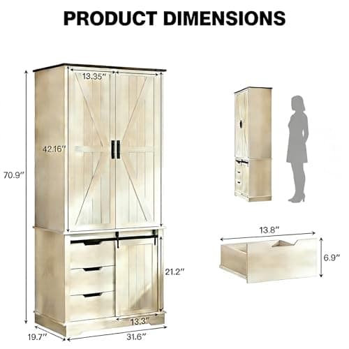 71" Tall Farmhouse Wardrobe Closet with Sliding Barn Doors, 2 Cabinets & 3 Drawers – Rustic Armoire for Bedroom, Spacious Closet Wardrobe with Doors for Clothing, Shoes & Storage, Antique White - Thumbnail 2