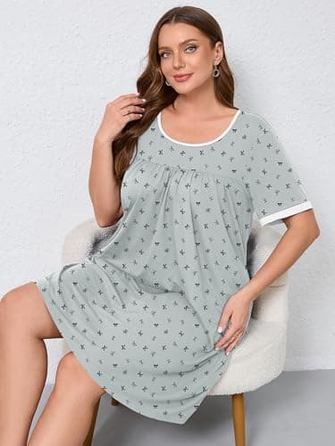 AusLook Plus Size Women's Nightgown 4X Bow Tie Grey Short Sleeve Sleep Dress Sleepwear Soft Sleepshirts Pleated Scoopneck Nightshirt Sleep shirts with Pockets - Thumbnail 6