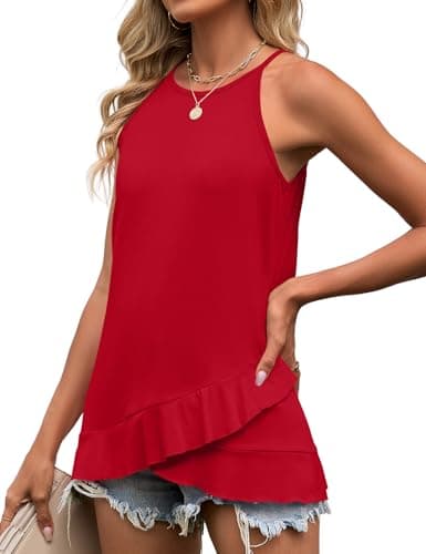 JUSTFASHIONNOW Womens Halter Tank Top Dressy Casual High Neck Tank Camisole Tops Flowy Ruffle Hem Sleeveless Summer Blouses Beach Vacation Clothes (Red,XX-Large) - Thumbnail 2