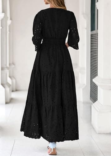 Lazysmile Long Sleeve Dresses for Women V Neck Hollow Out Eyelet Ruffle Swing A-Line Fall Vacation Boho Maxi Dress Black - Thumbnail 2