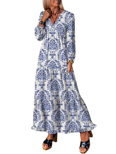 ANRABESS Womens Long Sleeve Boho Maxi Dress 2026 Fall V Neck Floral Striped Casual Loose Fit Beach Vacation Dresses Blue Khaki Small