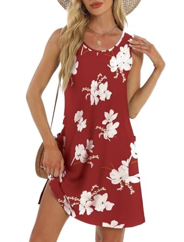 BKRIVE Summer Dresses for Women 2026 Beach Vacation Clothes Loose Sleeveless Casual Spring Sundresses Swing Tshirt Dress Floral Red L - Image 1