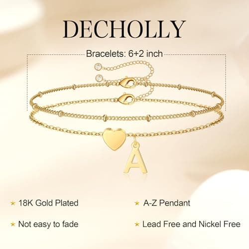 Decholly Initial Bracelets for Women Trendy, 18K Gold Plated Heart Initial F Bracelet Dainty Gold Bracelets for Women Trendy Jewelry Gifts - Thumbnail 6