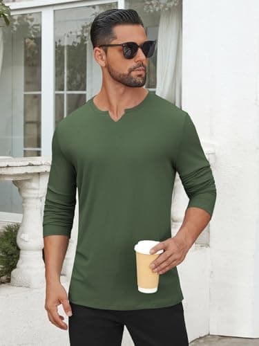 Hardaddy Men's V Neck Long Sleeve Ribbed Casual T-Shirt Classic Basic Solid Tee Shirts Army Green XL - Thumbnail 2