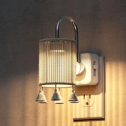 L LOHAS LED Night Lights Plug into Wall, Boho Fabric Cylinder Night Light with Tassel, 0-100LM Dimmable Night Lights, Dusk to Dawn Sensor, Vintage Nightlight for Bedroom, Living Room, Hallway