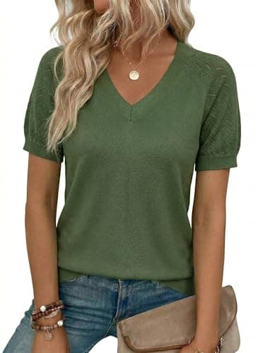LaGracia Puff Short Sleeve Sweater for Women Summer Puff Sleeve Sweater Tops Spring V Neck Cauasl Dressy Shirts Cute 2026 Army Green L - Image 1