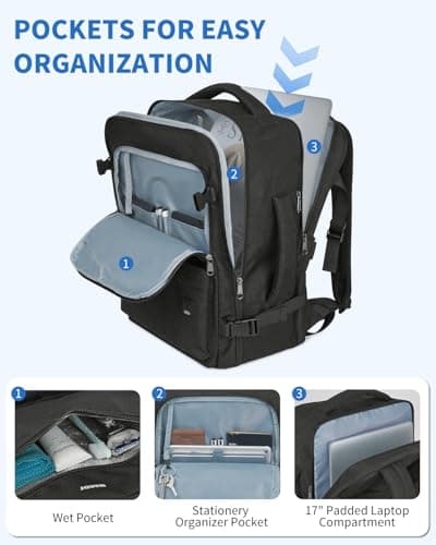 WANDF Travel Backpack For Spirit Airlines Personal Item Bag 18x14x8 with Wet Pocket, 17 Inch Laptop Backpack for Men Women（Black） - Thumbnail 4