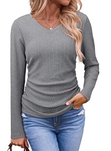 Dokotoo Teacher Outfits for Women Early Spring Fashion 2026 Business Casual V Neck Womens Tops Comfy Knit Long Sleeve T Shirts for Women Side Ruched Slim Basic Tshirts Trendy Spring Clothes Gray M - Image 1