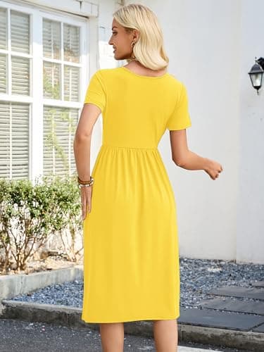 Heymoments Women Dresses Yellow Small Wedding Guest Crewneck Short Sleeve A line Casual Flowy Swing Cocktail Slimming Birthday Party Summer Travel Long Midi Dress with Pocket - Thumbnail 4