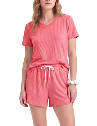 PATPAT Womens Pajama Set 2 Piece Ribbed Knit Soft Lounge Set with Pockets Short Sleeve Top and Shorts Summer Sleepwear Outfit Hot Pink, S - Image 1