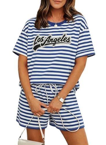 QLIPIN Striped 2 Piece Set for Women: Two Piece Lounge Sets Summer Outfits Stripes Shirt and Shorts Set - Thumbnail 2