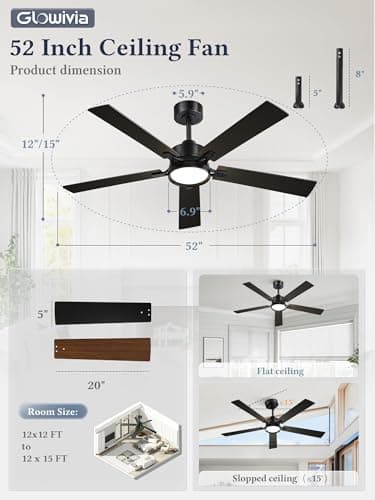 Glowivia 52 Inch Ceiling Fan with Lights and Remote, Smart APP Control, Dimmable with All-Setting Memory, Quiet DC Motor Reversible Blades, Damp Rated Modern Ceiling Fan for Bedroom Patio Living Room - Thumbnail 6