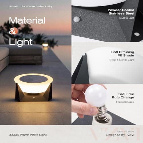 VZVI Solar Lanterns Outdoor, 3000K LED Medium Solar Floor Lamp Waterproof with IP54, Dusk to Dawn Outdoor Floor Lamp, E26 Lantern for Porch, Modern Dimmable Lantern for Patio Deck Yard, Garden Lights - Thumbnail 2