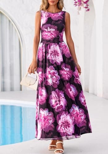 BTFBM Summer Dresses for Women 2026 Floral Maxi Dress Sleeveless Mesh Flowy Spring Wedding Guest Dress Long Sundresses(Black Flower, Large) - Thumbnail 5