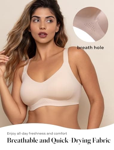 COMFELIE Seamless Wireless Minimizer Bra for Full-Figured Women, Full Coverage Breathable V-Neck No Underwire Adjustable Straps Everyday Bra Nude - Thumbnail 5