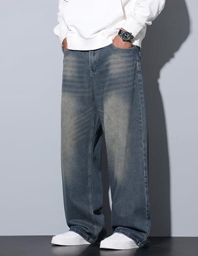 QGRSWBC Baggy Jeans Men Wide Leg Hip Hop Jeans Mid Rise Denim Pants Loose Fit Skater Trousers Haze Blue XS - Thumbnail 3