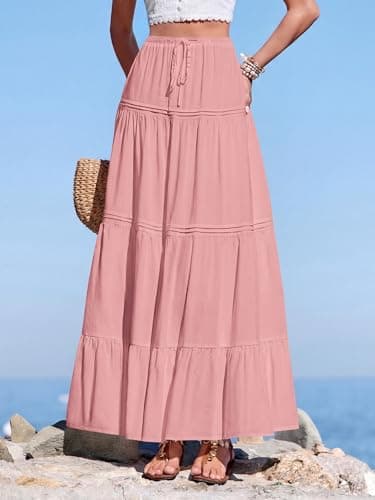 BTFBM Spring Skirts for Women 2026 Summer Boho Beach Vacation Clothes Casual Pleated High Waisted Flowy Maxi Skirt(Pink, XX-Large) - Thumbnail 4