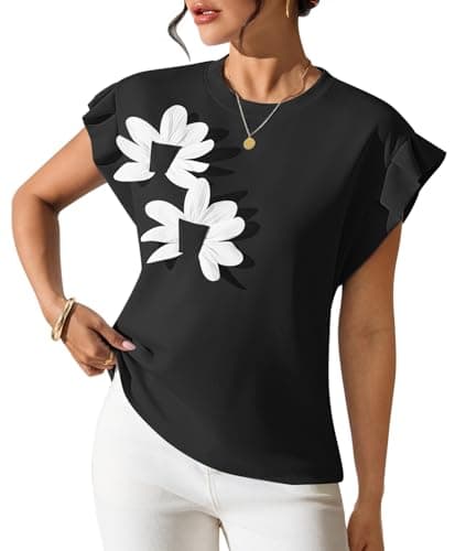 Pink Queen Women's Crew Neck T-Shirts Cute Summer 2026 Tees Short Sleeve Shirt Casual Loose Flower Tops Black S - Image 1