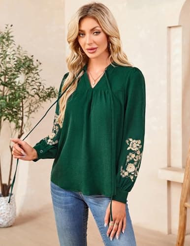 LOOKBOHO Women's Casual Floral Embroidered Puff Long Sleeve Tops Trendy Pleated V Neck Tie Front Boho Blouses Loose Shirts XL - Thumbnail 5