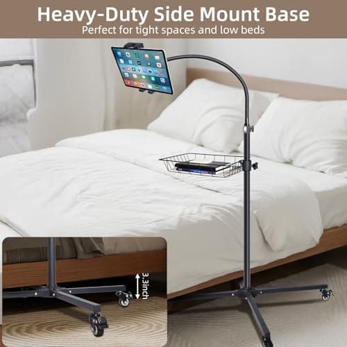 Coslony Premium Rolling Tablet Floor Stand with Heavy Duty Industrial Wheels & Storage Basket, Tall Adjustable iPad Stand Floor on Wheels, Universal Mount Holder for iPad Pro, Air, Mini, Phone - Thumbnail 6