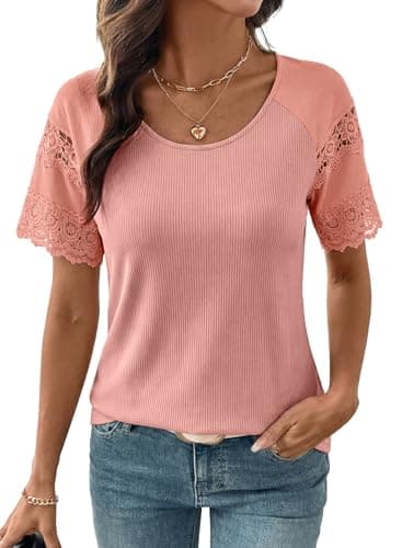 EVALESS Women Blouses Dressy Casual Summer 2026 Short Sleeve T Shirts Ribbed Texture Lace Embroidery Pacthwork Crewneck Tops Trendy Clothes Spring Outfits, Pink X-Large - Image 1
