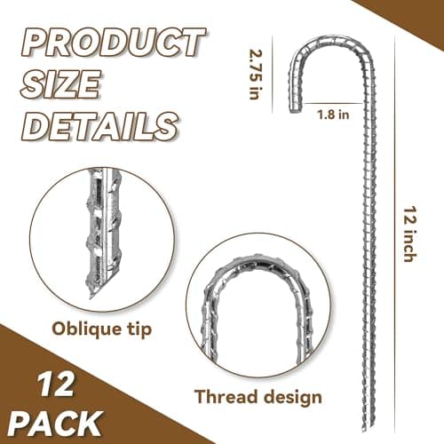 Tingyuan 12 Pack 12 Inch Rebar Stakes Heavy Duty J Hook Ground Anchors, Anti Rust Metal Steel Tent Stakes Garden Fence Stakes, Silver - Thumbnail 2