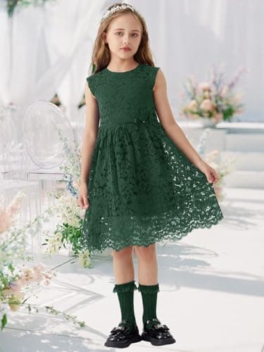 ALLOVIN Girls & Toddlers Sleeveless A-Line Lace Party Dress Birthday Wedding & Flower Girl Dress with Beaded Bowknot | Dark Green | 3-4T - Thumbnail 3